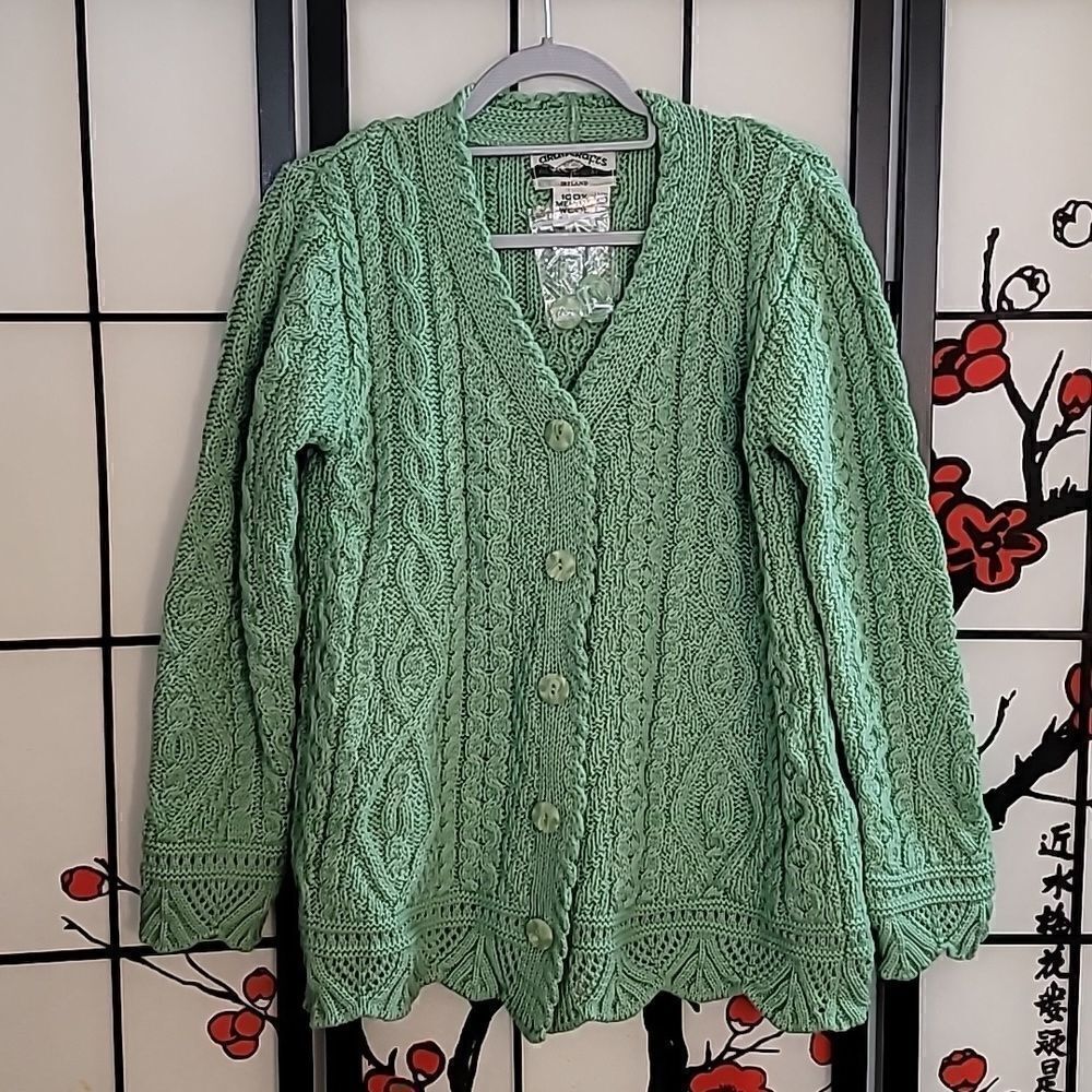 " Aran Craft Market Merino Wool Button Front Scalloped Cardigan